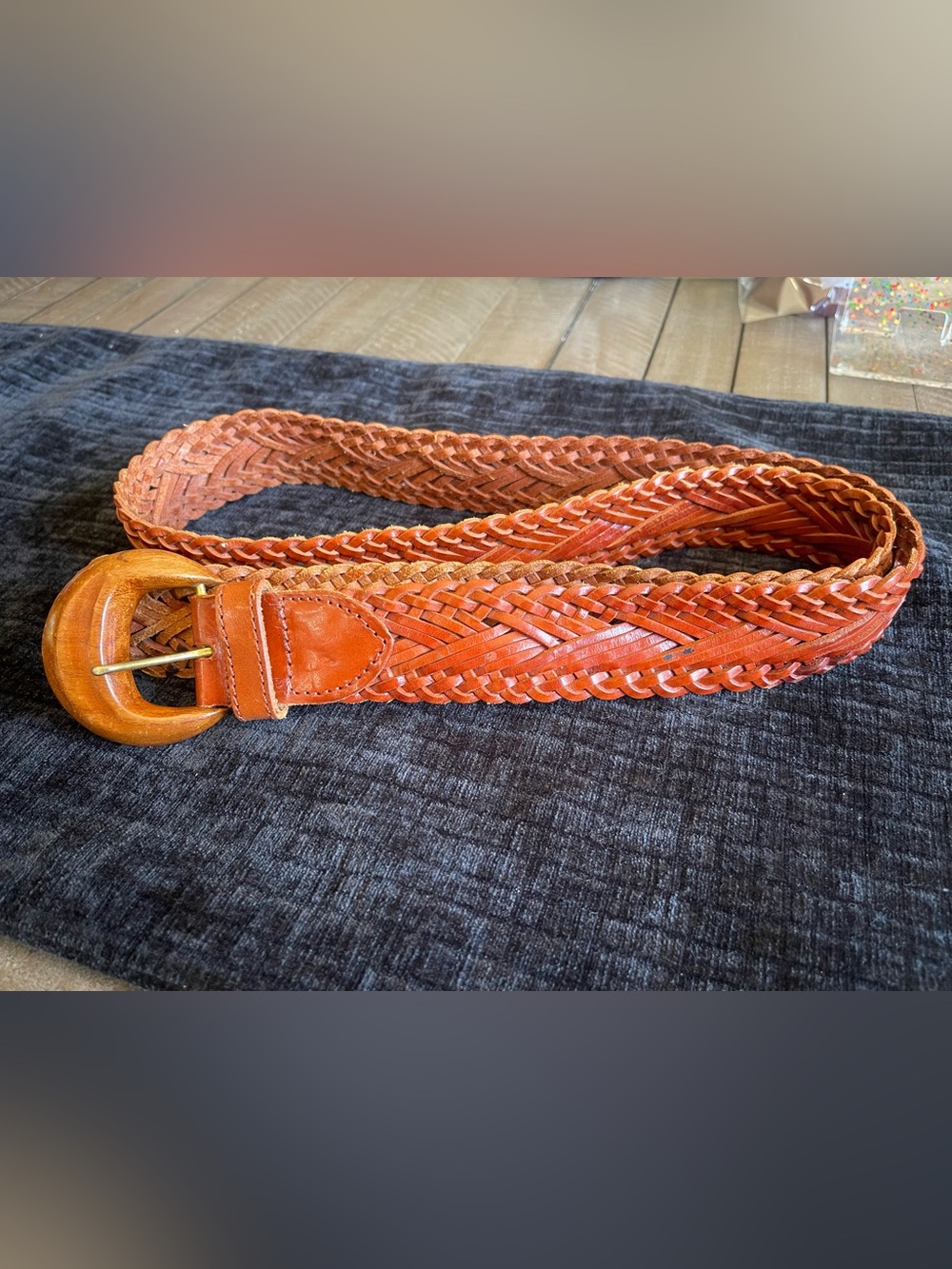 Woven Leather Women’s Belt in Cognac Carved wooden Buckle